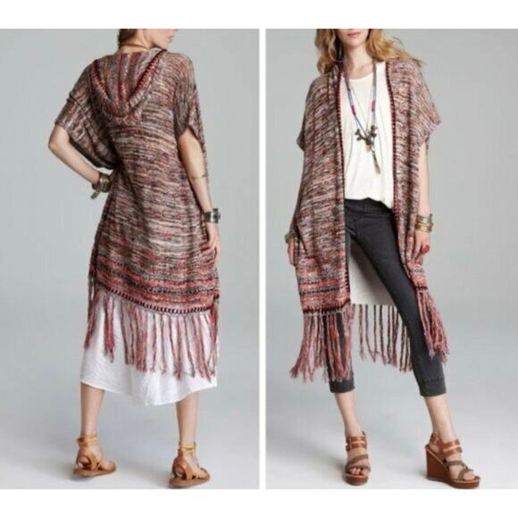 Free People Women's Jungle Heat Hood Tiger Fringe Knit Long Duster Cardigan Sz S - Picture 1 of 9